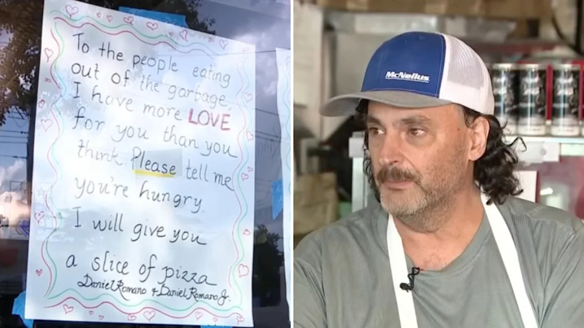 'Don't cry. Eat': Bronx pizzeria owner's sign for people eating out of his trash goes viral