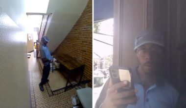 Amazon delivery driver caught relieving himself on tenant’s belongings inside NYC apartment lobby; company offers the tenant a gift card