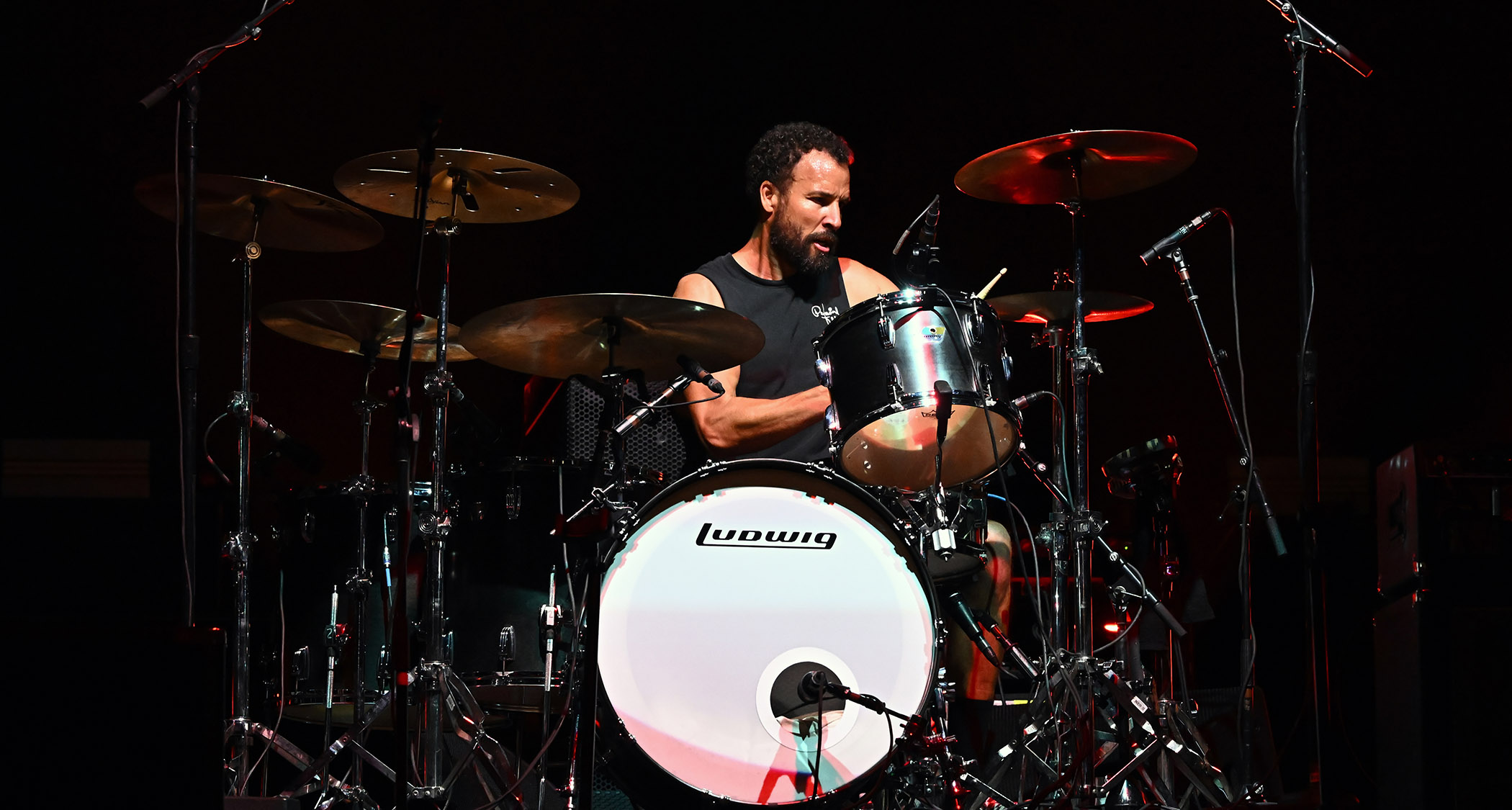 Jon Theodore behind his Ludwig kit as he performs live with Queens Of The Stone Age.