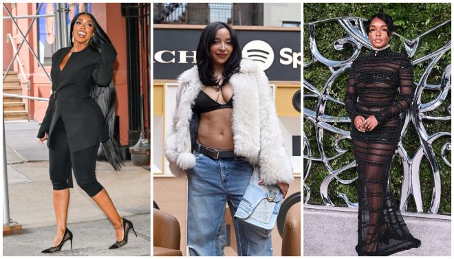 Three images of a woman in fashionable outfits: a black dress with fringe, a white fur coat over a bra top and jeans, and a sheer black dress.