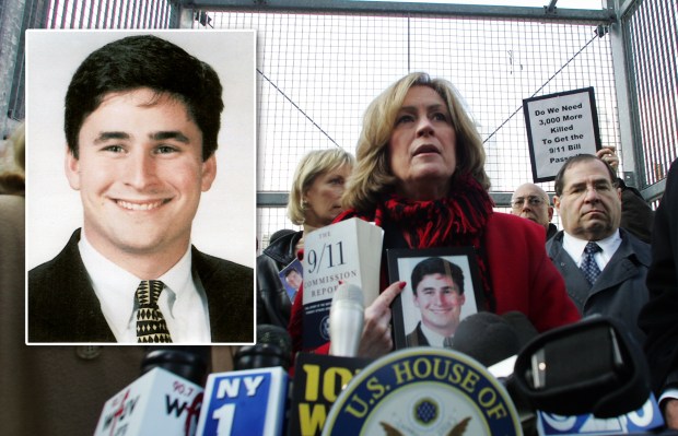 Mary Fetchet, mother of Brad Fetchet (inset), joins politicians and other family members of victims of 9/11 for a news conference at Ground Zero in 2004. (Jesse Ward for New York Daily News)