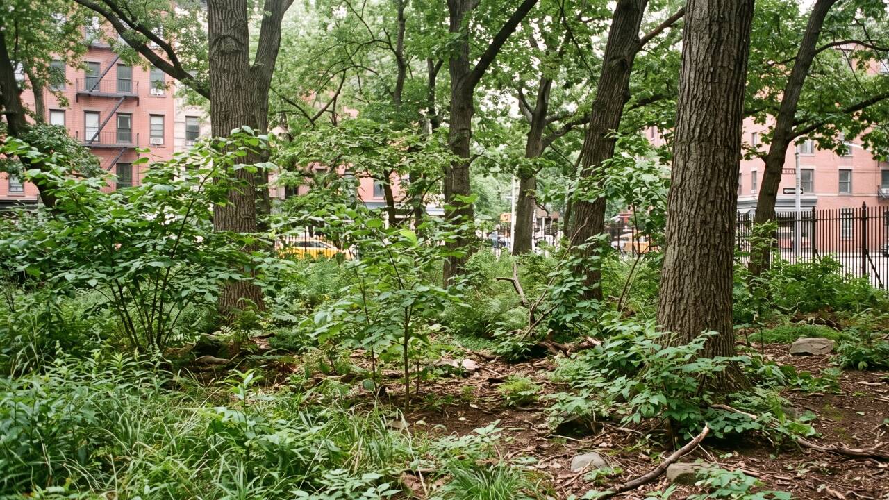 AI-generated representative image showing the dense native-style woodland, shrubs, grasses and natural ground of Manhattan's Time Landscape. Credits - Gemini Manhattan's Time Landscape.<br>