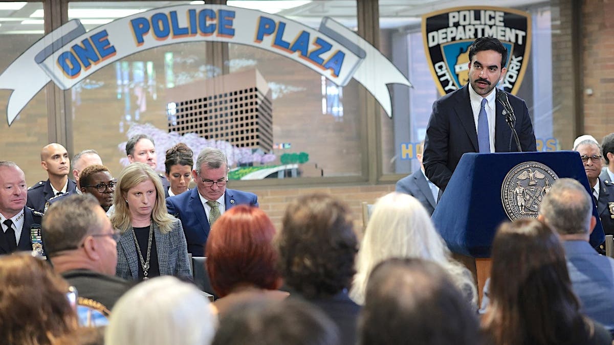Mayor Zohran Mamdani speaks at a 9/11 Memorial Wall unveiling ceremony at One Police Plaza.