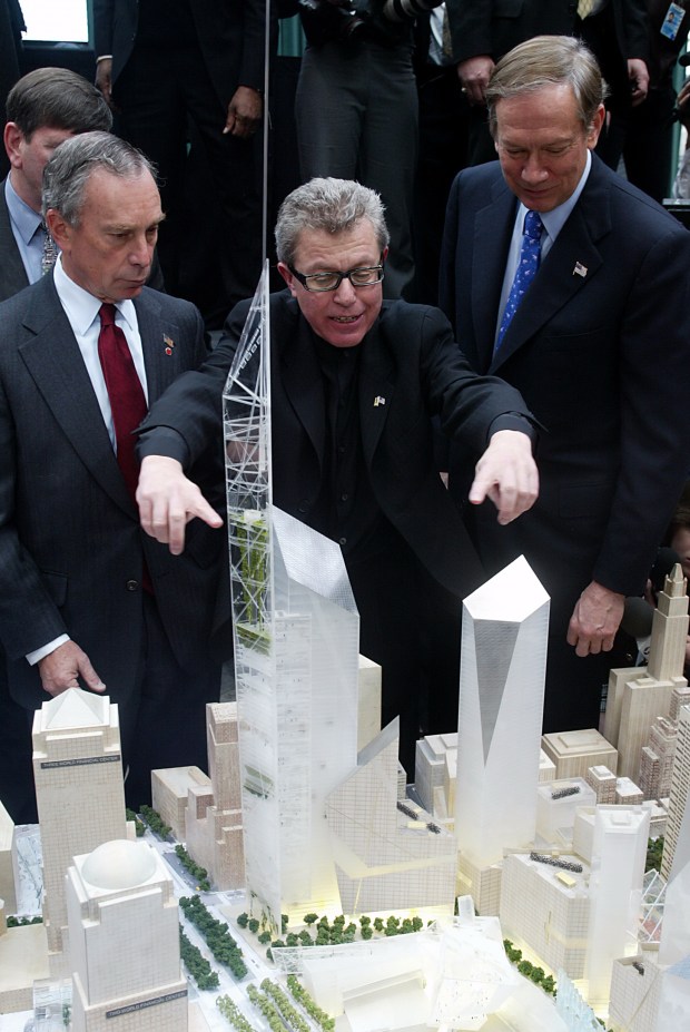 Architect Daniel Libeskind points out details of his design, which was chosen to rise at the site where the World Trade Center's Twin Towers once stood, to Mayor Michael Bloomberg (left) and Gov. George Pataki (right) on Feb. 27, 2003. (Mike Albans / New York Daily News) 