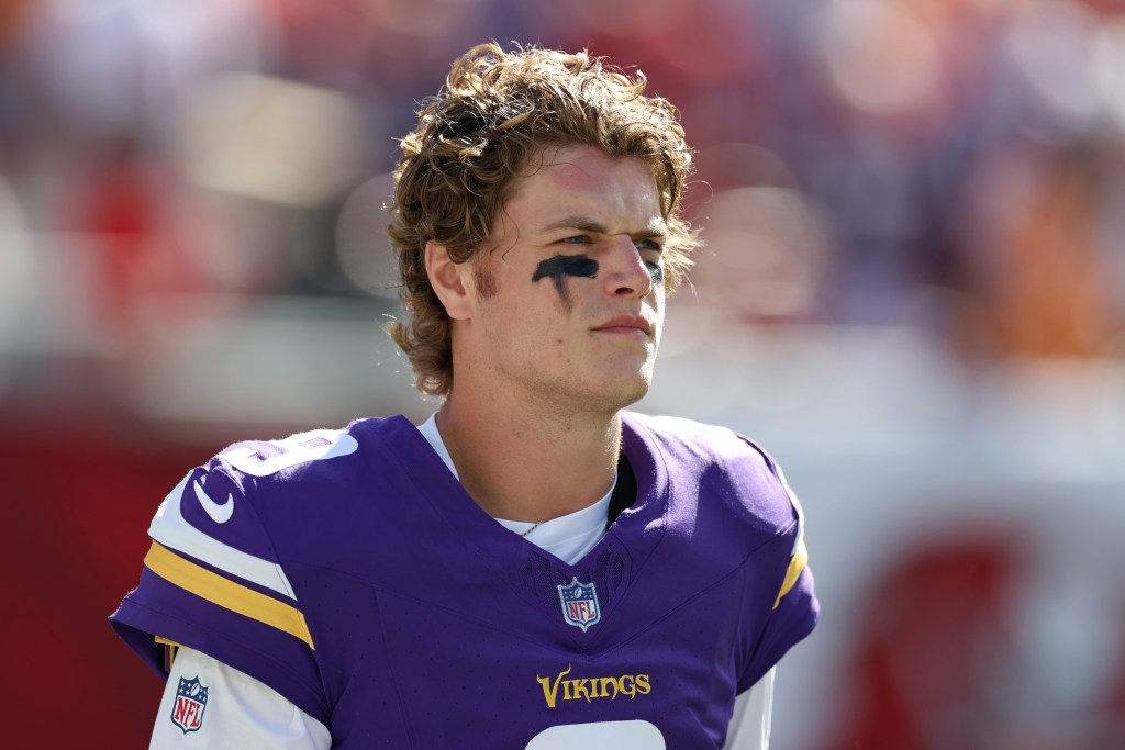 Minnesota Vikings quarterback J.J. McCarthy (9) looks on prior to a game against the Tampa Bay Buccaneers at Raymond James Stadium in Tampa, Florida, Sunday, September 27, 2026.