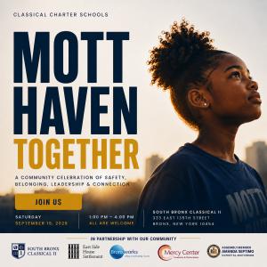 Mott Haven Together event graphic featuring a young girl and details for the September 19 community celebration at South Bronx Classical Charter School II.