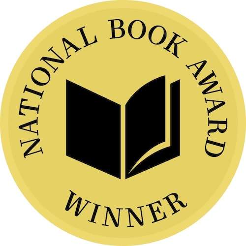 Illustration of a yellow circular National Book Award Winner emblem with an open book icon in the center.
