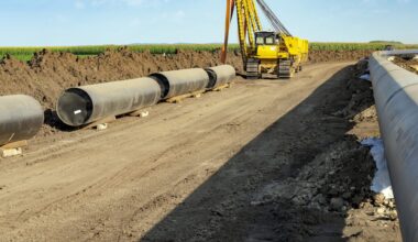 Heavy machinery is working on a construction site with large pipes lined along a dirt path near agricultural fields.
