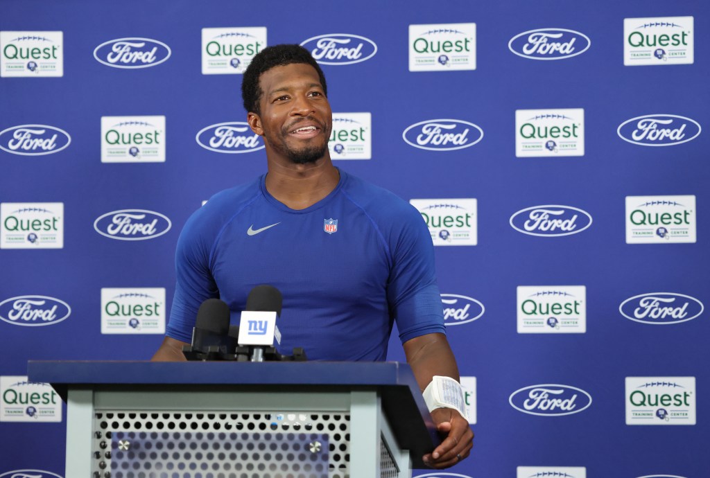 New York Giants quarterback Jameis Winston speaking to the media.
