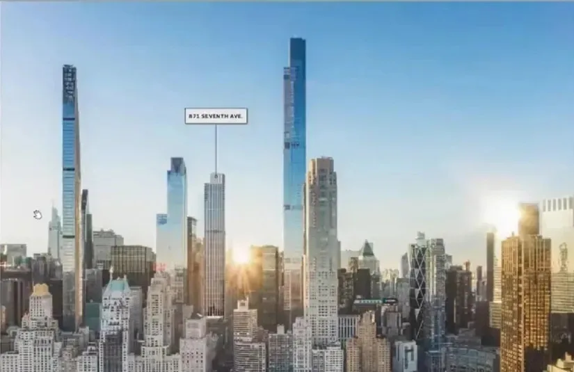 871 Seventh Avenue skyscraper labeled and viewed from Central Park.