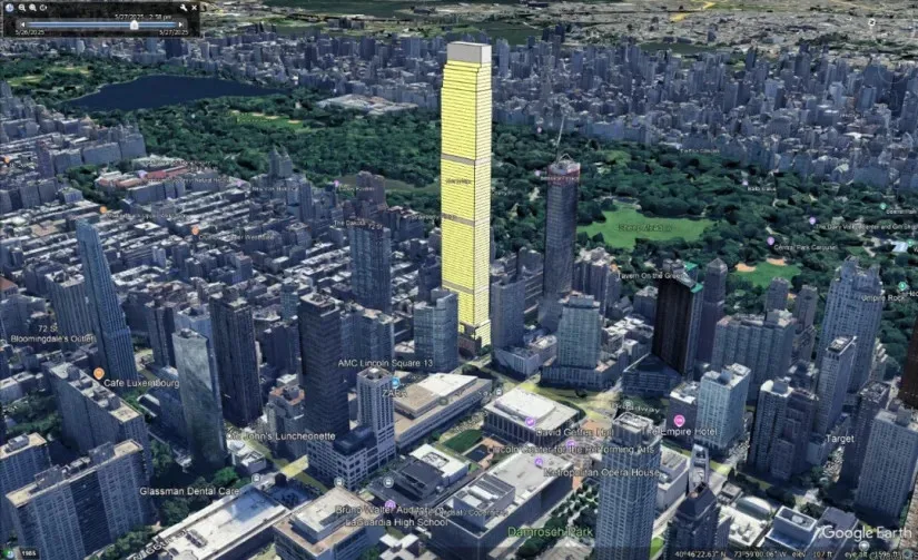 77 West 66th Street building modelled in a Google Earth environment.