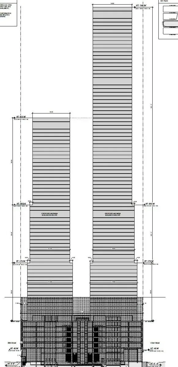 Two towering structures over new bus terminal, shown in zoning sketches.