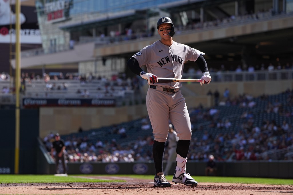 New York Yankees' Aaron Judge reacts after striking out.