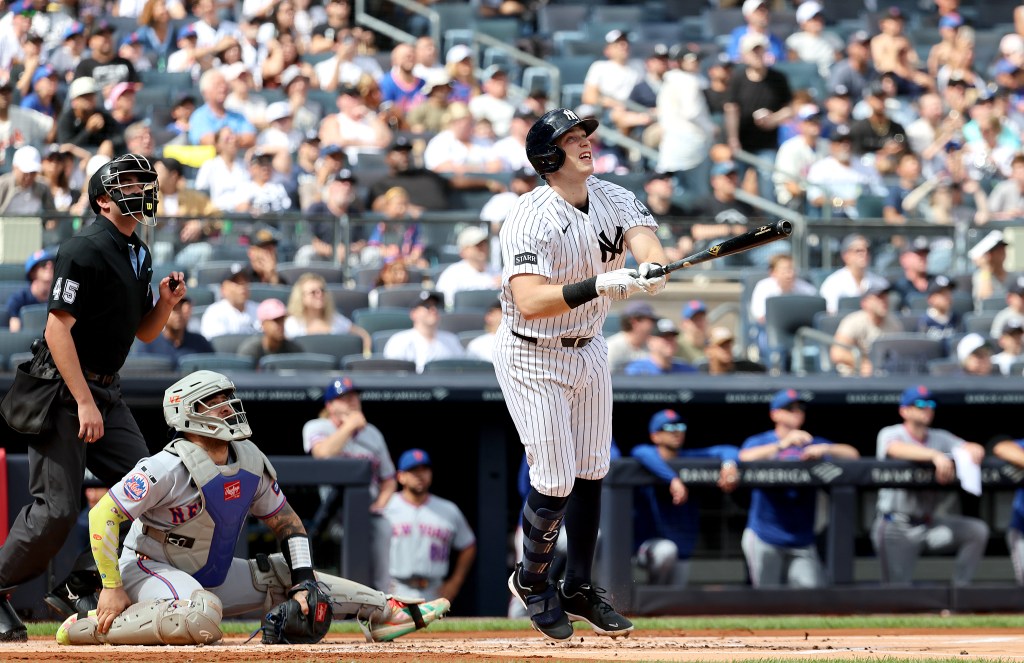 New York Yankees designated hitter Ben Rice hits a solo home run.