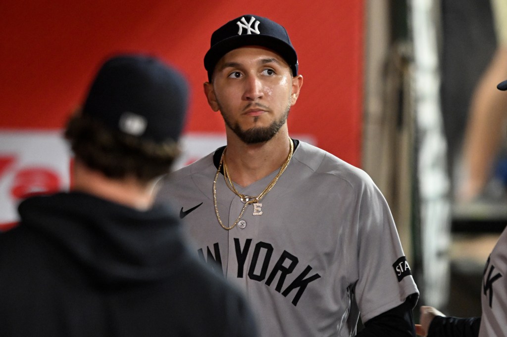 New York Yankees pitcher Elmer Rodriguez in his dugout.