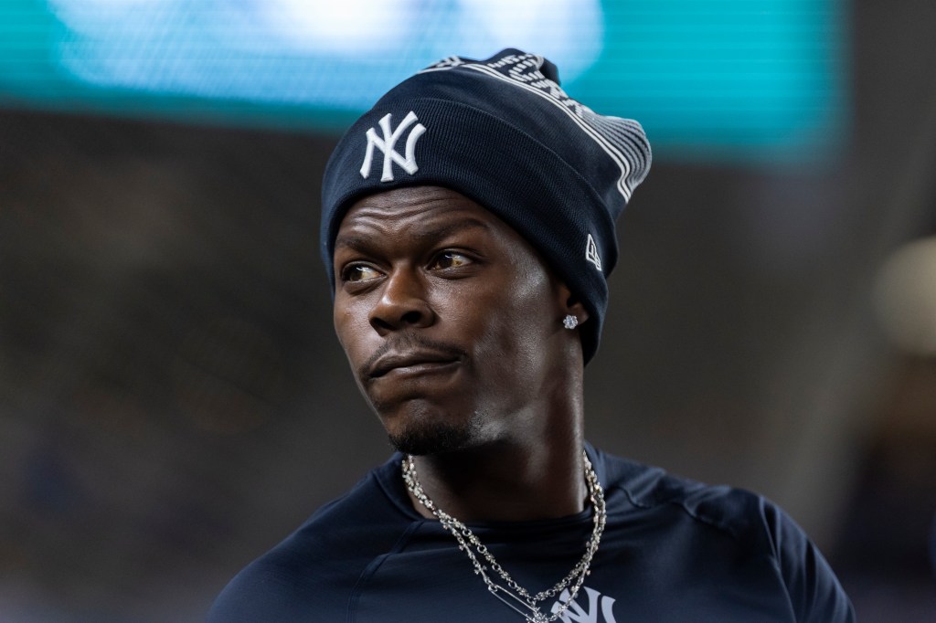 New York Yankees second baseman Jazz Chisholm Jr. in the dugout.
