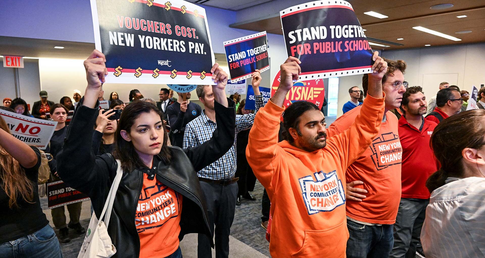 Hundreds of labor, education, parent and civil rights advocates gathered in Manhattan to call on Gov. Hochul to reject the federal private school voucher program and protect funding for New York’s public schools.