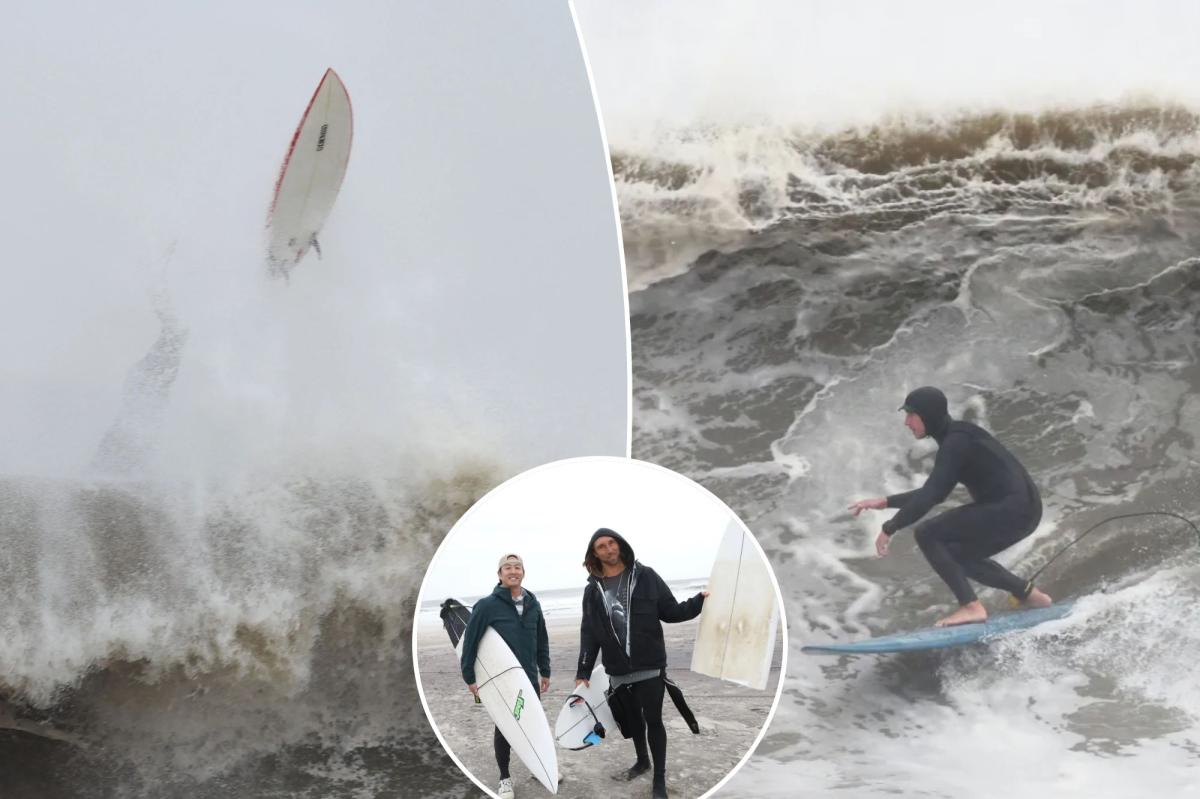 Surfers ignore nor’easter warnings and dangers, catch high waves off Rockaway Beach