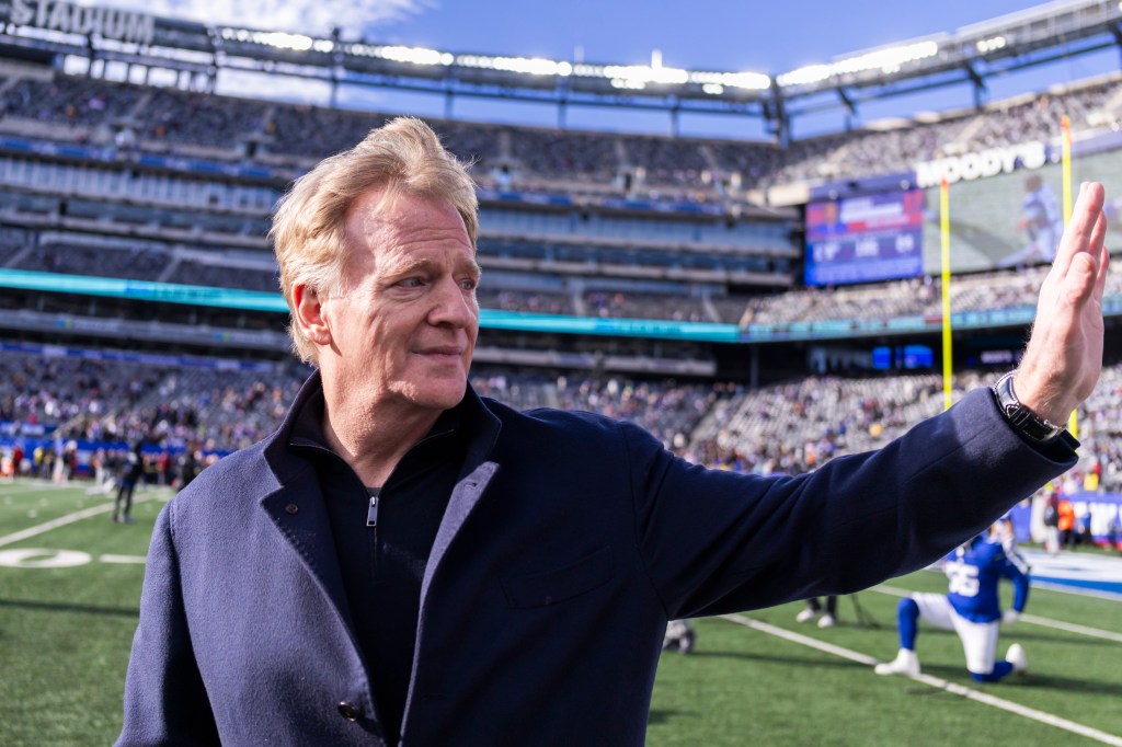 NFL Commissioner Roger Goodell on the field during warm-ups.