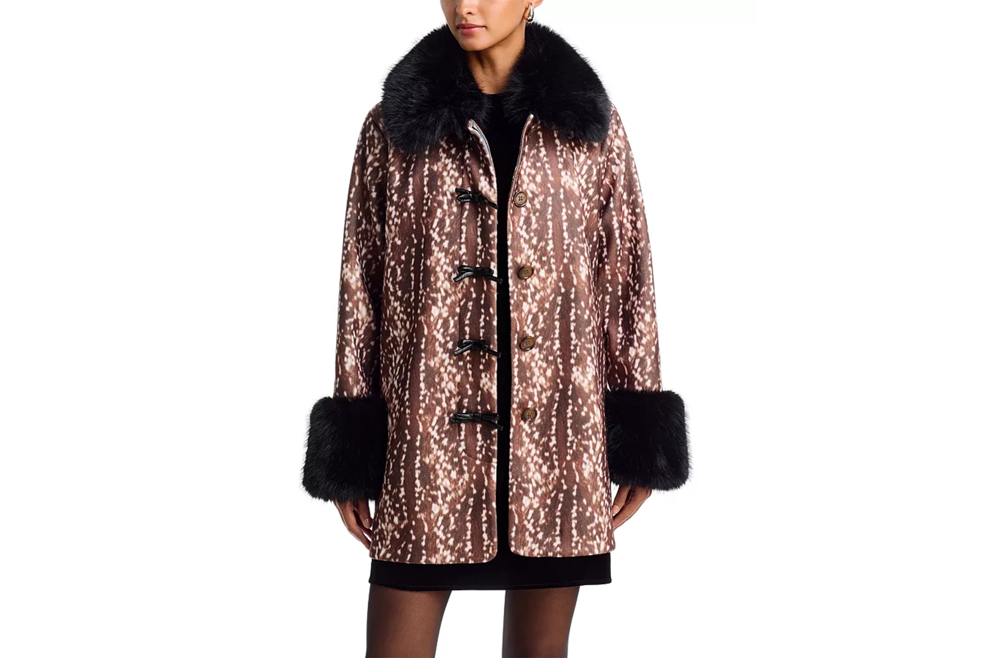 Nicky Hilton wearing a faux fur collared and cuffed coat with a brown and white spotted pattern.