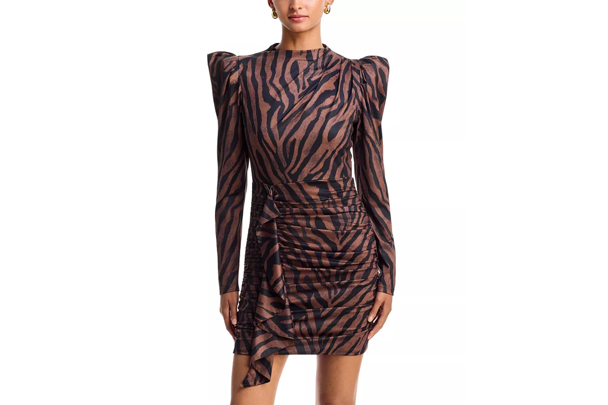 Model wearing a brown and black zebra print mini dress with ruched details.