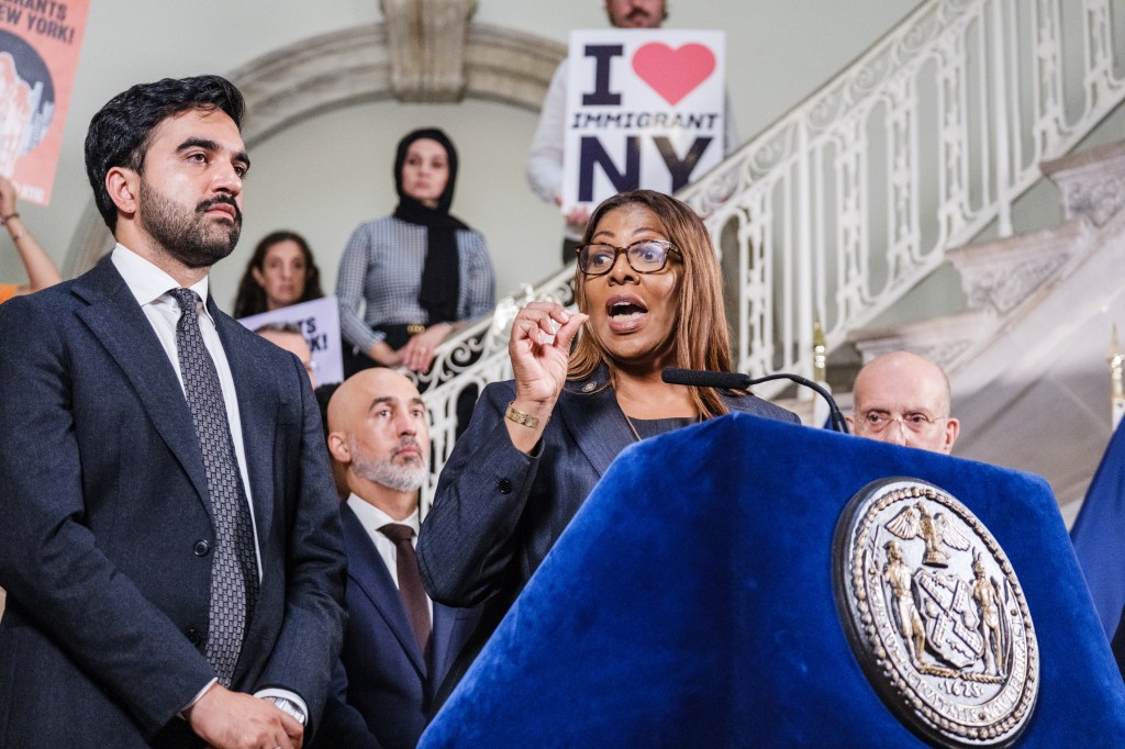 New York State Attorney General Letitia James speaking at a press conference with New York City Mayor Zohran Mamdani.