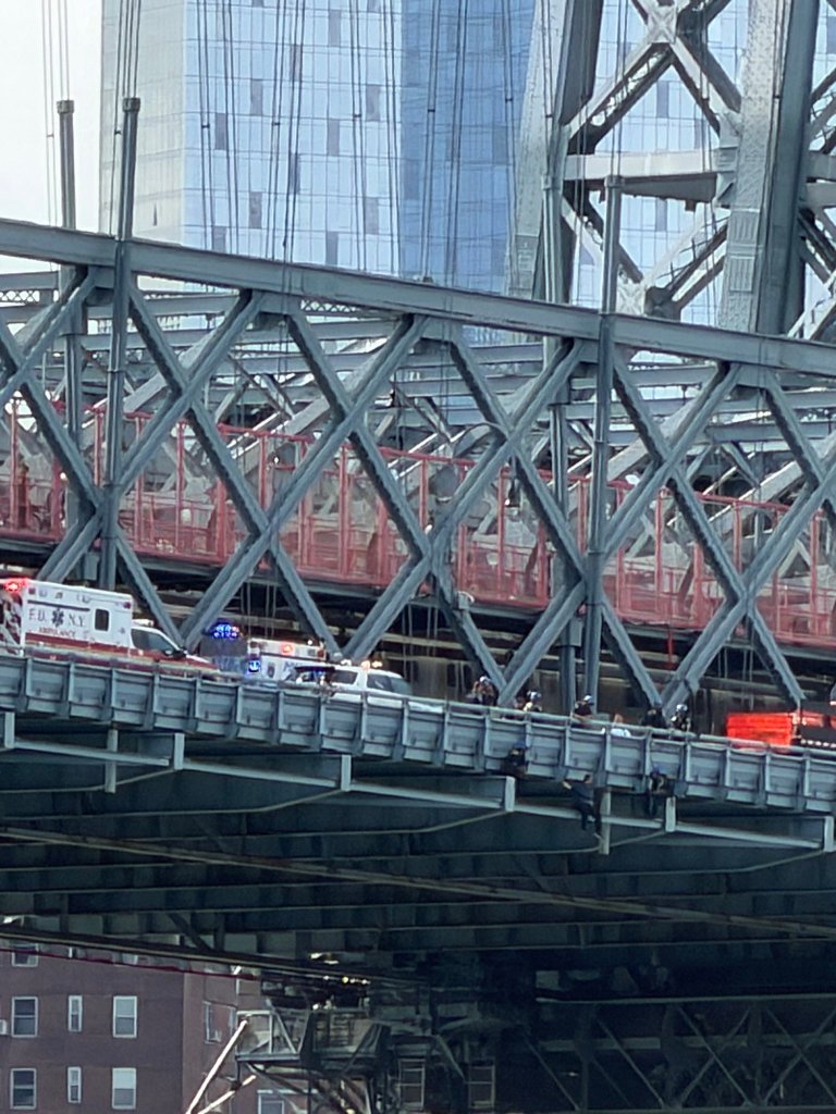 NYPD officers hoist a person onto the roadway of the Williamsburg Bridge.