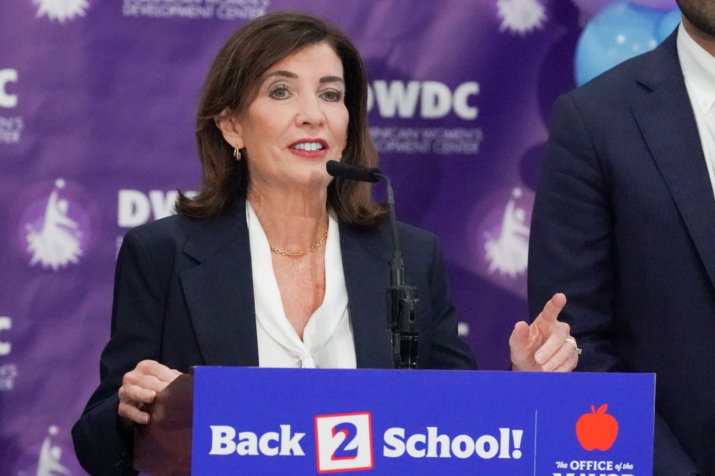 NYS Gov. Hochul speaking at a press conference to launch 2-K on the first day of school.
