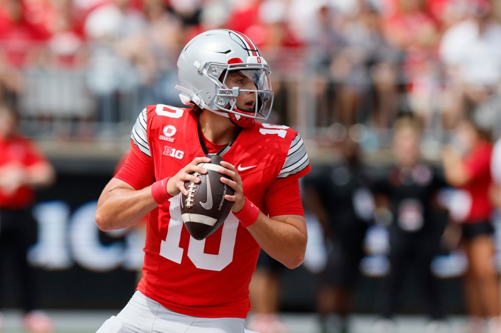 Ohio State quarterback Julian Sayin looks for an open receiver against Ball State.