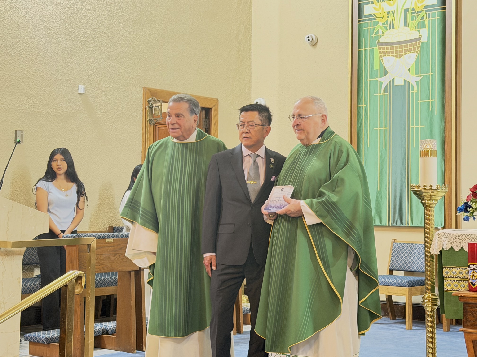OLG5 Monsignors Robert Romano and Monsignors David Cassato and Robert Romano with State Sen. Steve Chan. Photo: John Quaglione/Diocese of Brooklyn