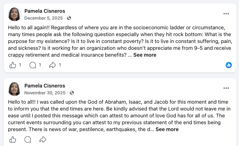 A collage of two Facebook posts by Pamela Cisneros.