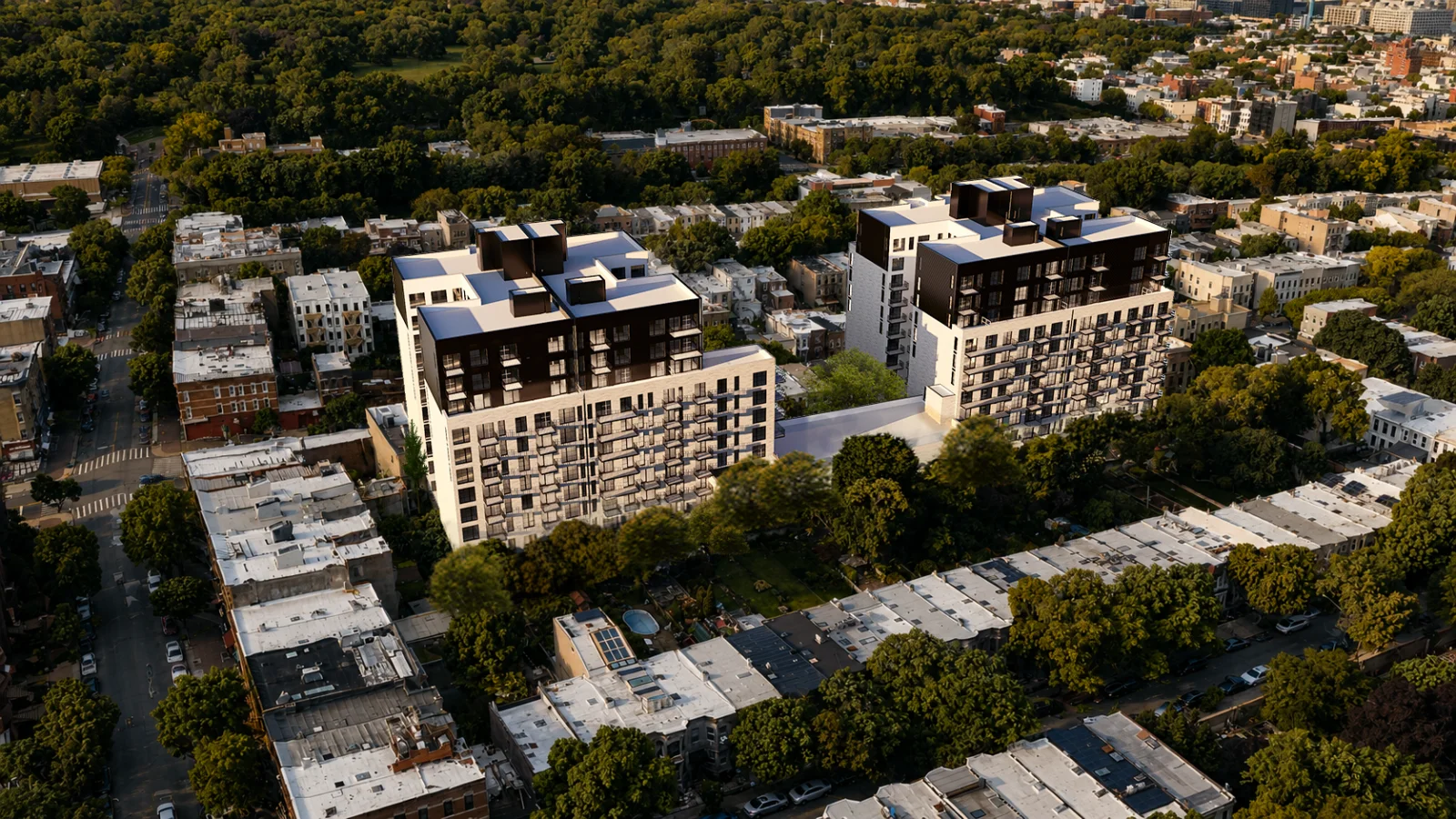 aerial view of multi-story buildings