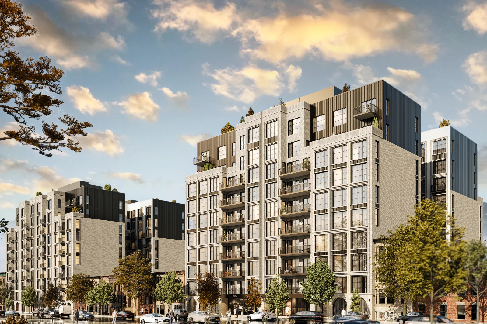 rendering of multi-story residential buildings with balconies