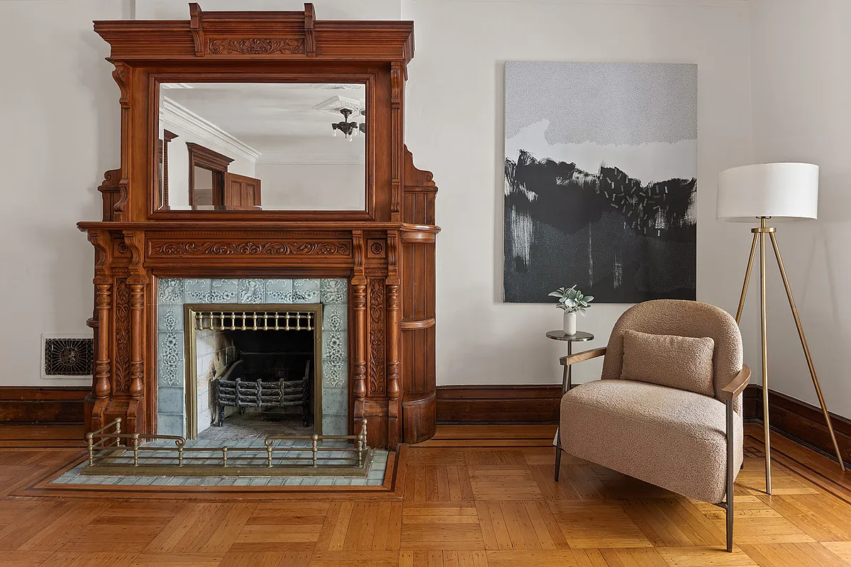 mantel with blue tile surround