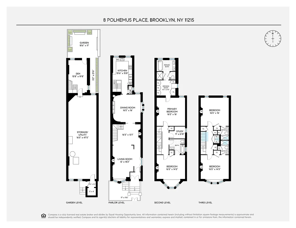 floor plans showing three floors of living space plus a den on the garden level