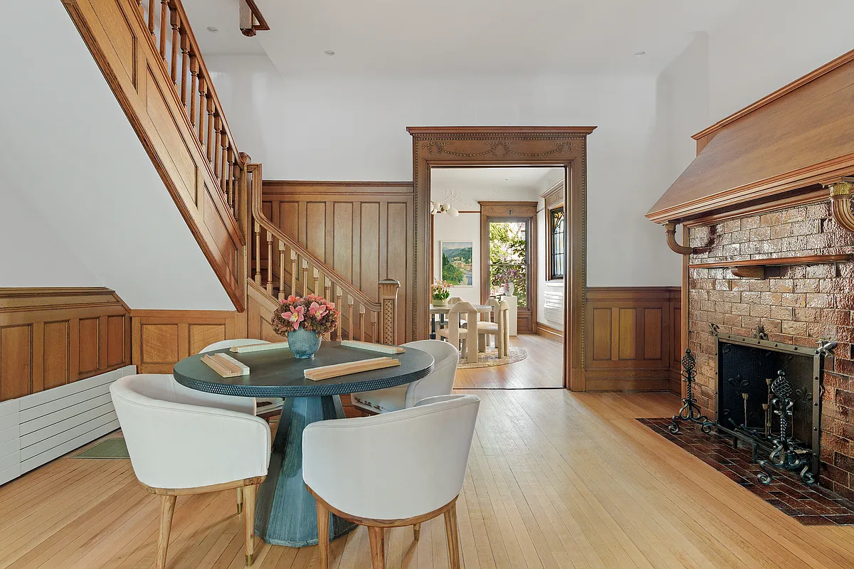 middle parlor with stair, tile covered mantel