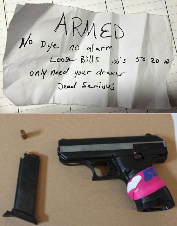 Pierre Lee robbed two Brooklyn banks and attempted to rob a third using a demand note (top): "ARMED. No dye no alarm. Loose bills. 100's 50 20 10. Only need your drawer. Dead serious." When he was caught in that attempted heist, he was carrying a loaded gun (bottom) in a shopping bag though that gun never came out during the robbery. (USDC EDNY)