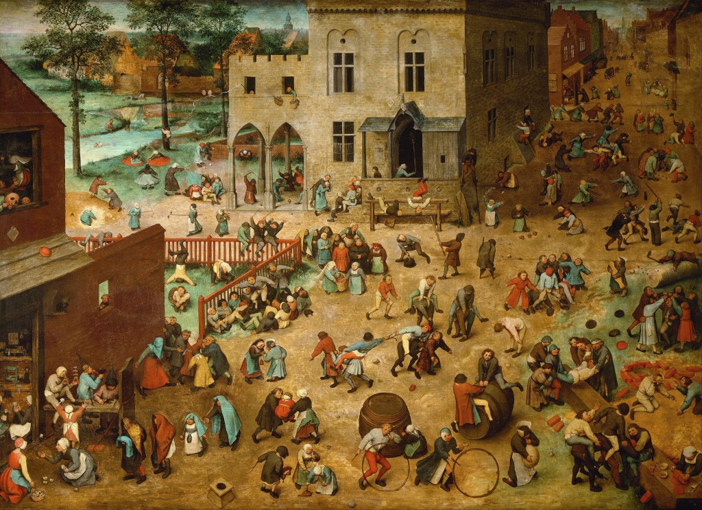 A busy village scene depicting people engaged in various activities such as playing games, working, and socializing in a festival-like atmosphere.