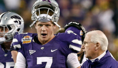 FILE - Kansas State head coach Bill Snyder, right, talks with quarterback Collin Klein (7) during the first half in the Fiesta Bowl NCAA college football game against Oregon, Jan. 3, 2013, in Glendale, Ariz. (AP Photo/Ross D. Franklin, File)