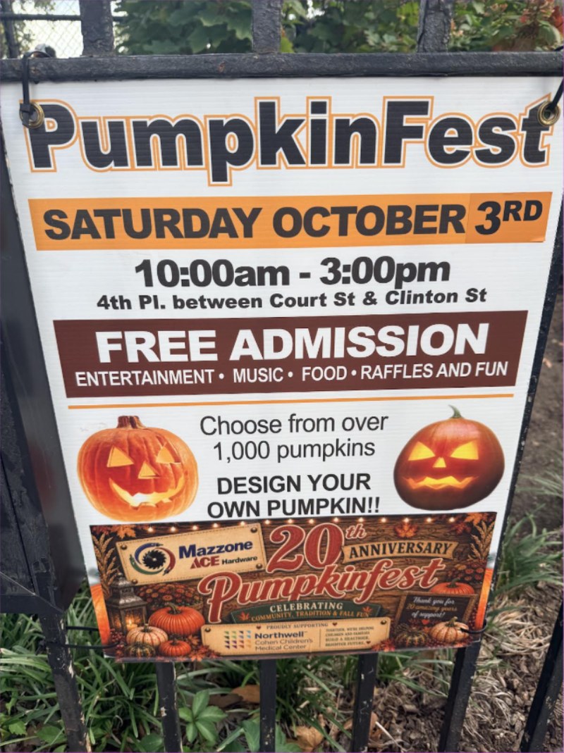 Sign for Mazzone Ace Hardware’s 20th anniversary PumpkinFest: Saturday, October 3, 10am–3pm, 4th Place between Court and Clinton Streets, free admission