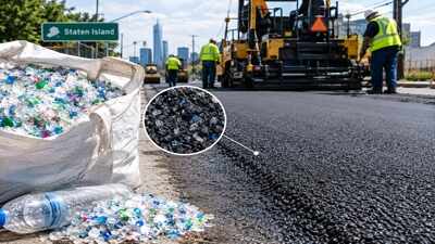 In 2022, New York City mixed 10,395 pounds of plastic waste into four Staten Island road strips, cutting carbon emissions by 16,128.2 pounds in the pilot