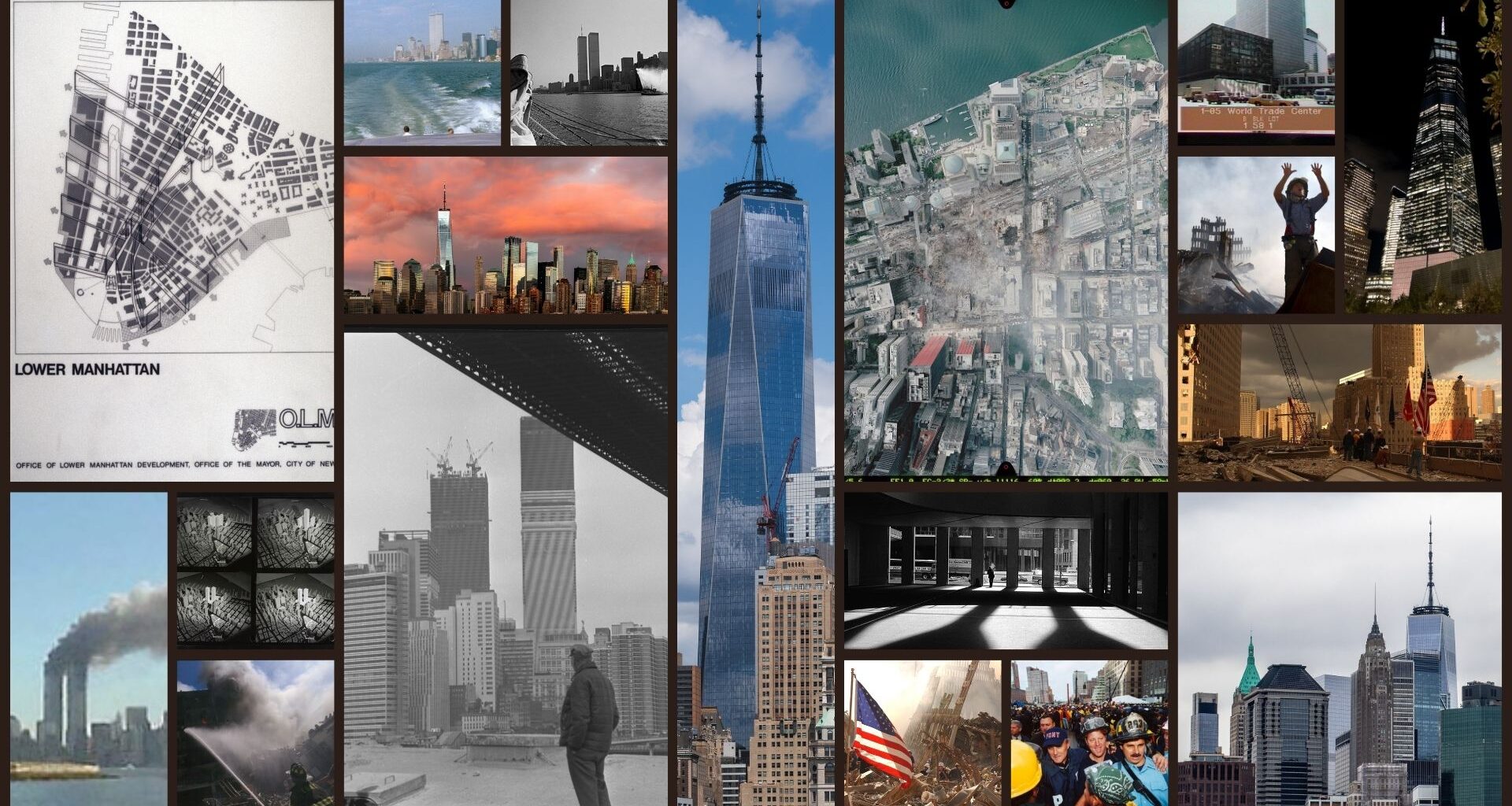 Collage showing Lower Manhattan, skyscrapers, construction scenes, and aerial views, highlighting changes to the skyline over time.