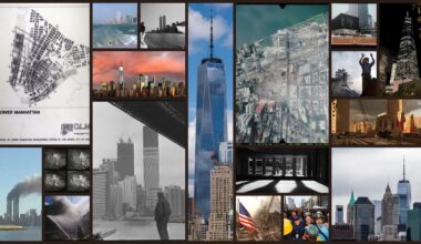 Collage showing Lower Manhattan, skyscrapers, construction scenes, and aerial views, highlighting changes to the skyline over time.
