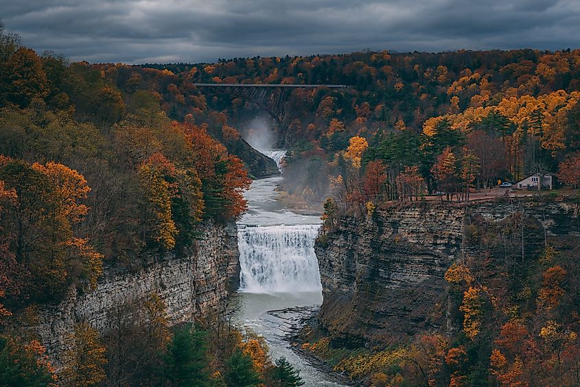 Autumn view of the Genesee River and Middle Falls in Letchworth State Park