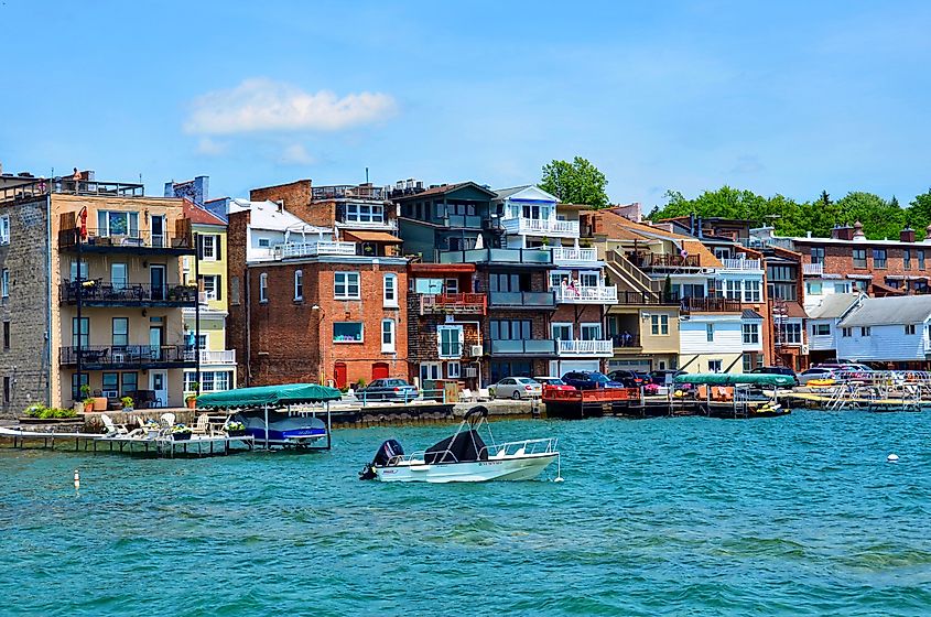Shops and restaurants along Skaneateles Lake in Skaneateles, New York