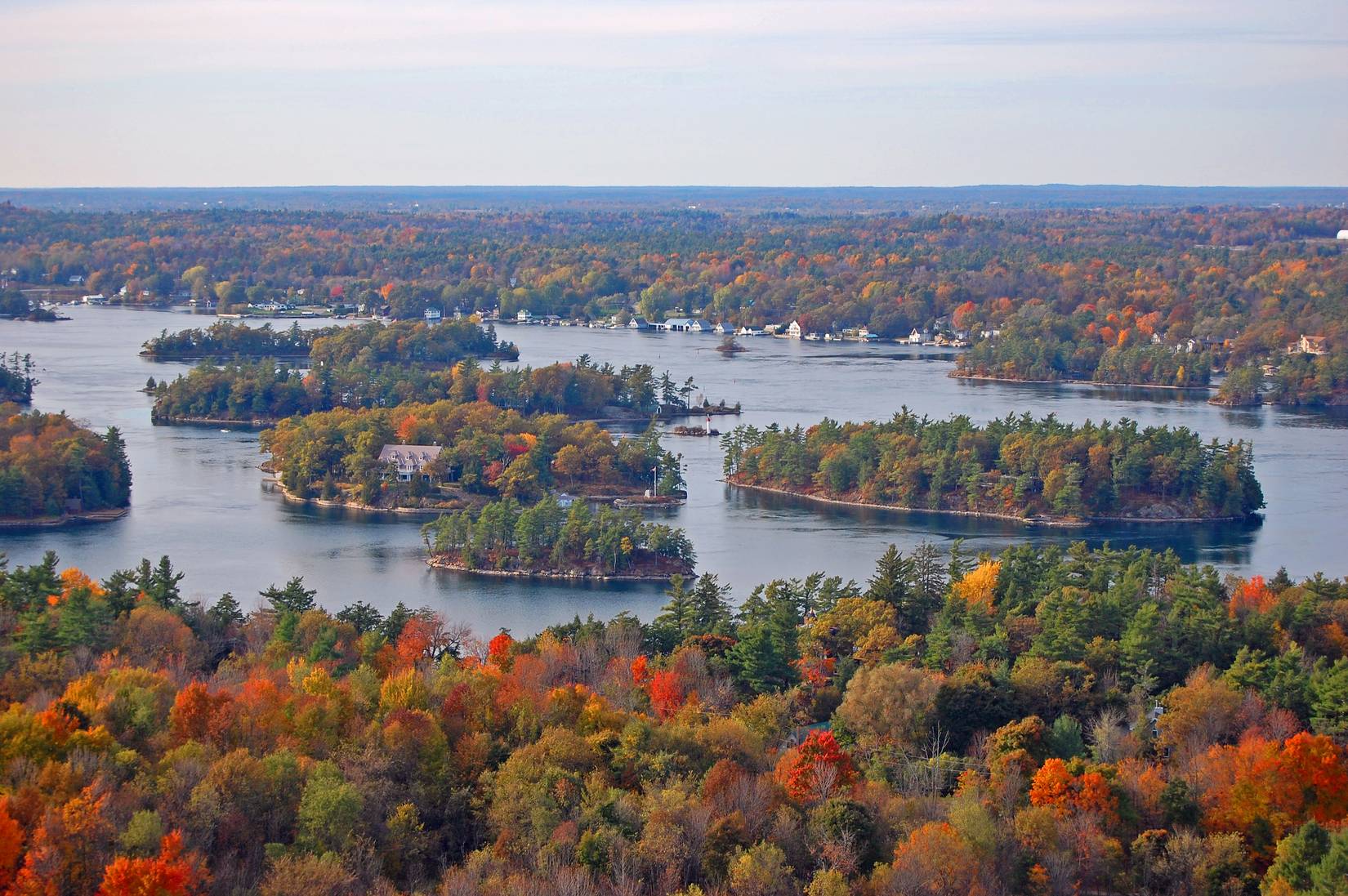 An aerial view of New York's Thousand Islands region and the St. Lawrence River in autumn
