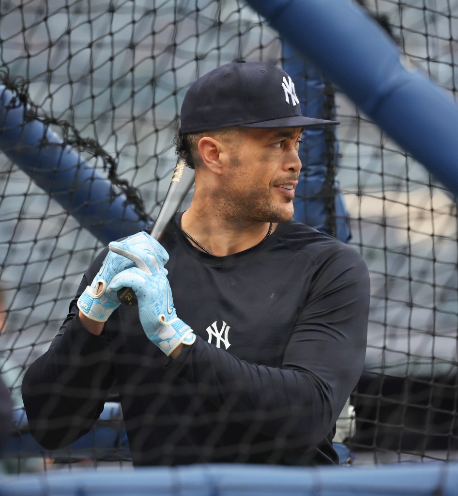New York Yankees' Giancarlo Stanton (27) takes batting practice before a game against the Tampa Bay Rays at Yankee Stadium in the Bronx, N.Y., Thursday, Sept. 24, 2026.