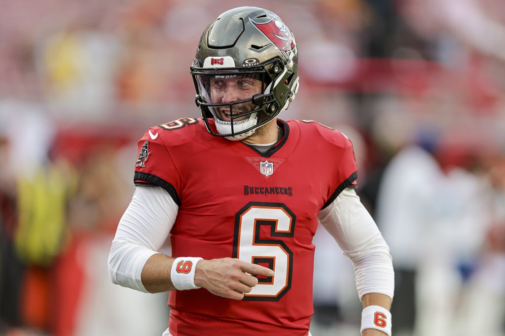 Tampa Bay Buccaneers quarterback Baker Mayfield during team warmups.