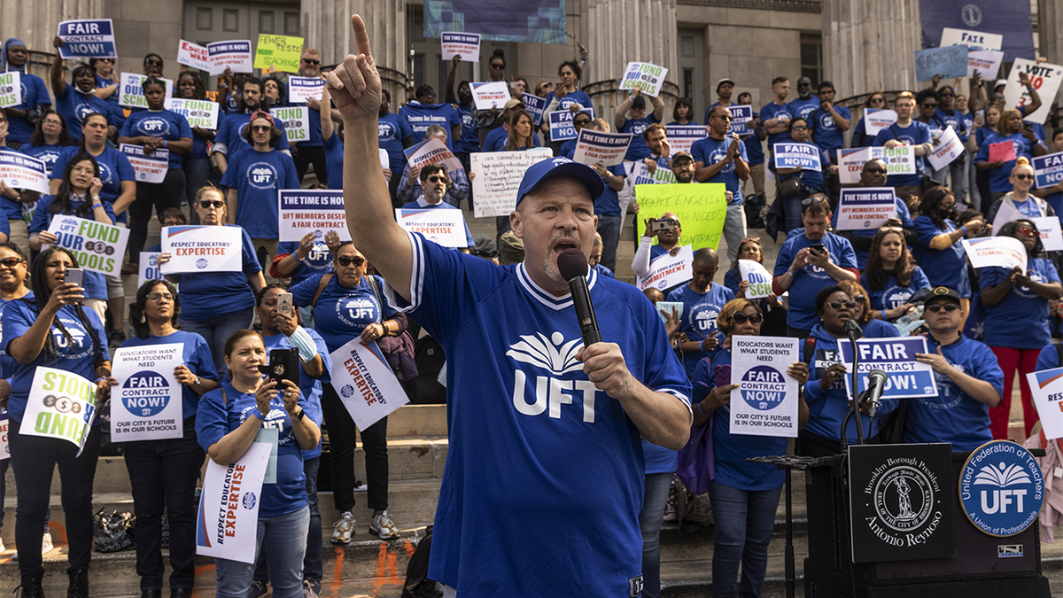 Michael Mulgrew, president of the United Federation of Teachers (UFT), during a rally for a fair contract for New York City public schools teachers in the Brooklyn borough of New York, US, on Wednesday, May 24, 2023. New York City teachers are rallying across all five boroughs Wednesday, demanding a fair contract.