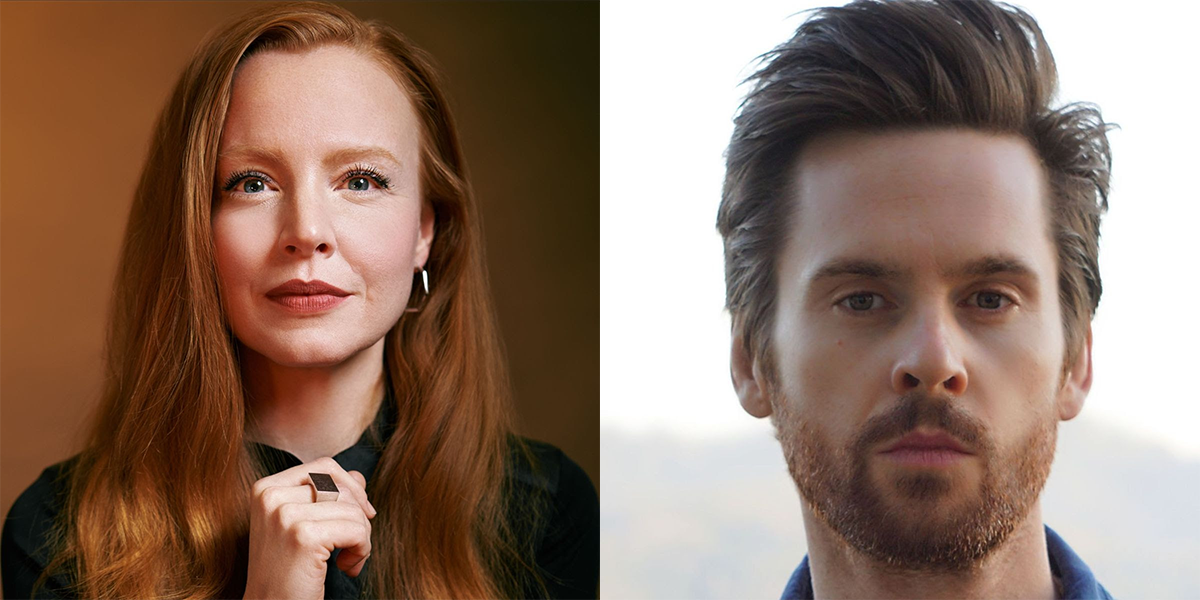Side-by-side portraits of a woman with long red hair and a man with short brown hair and facial hair, both looking directly at the camera.